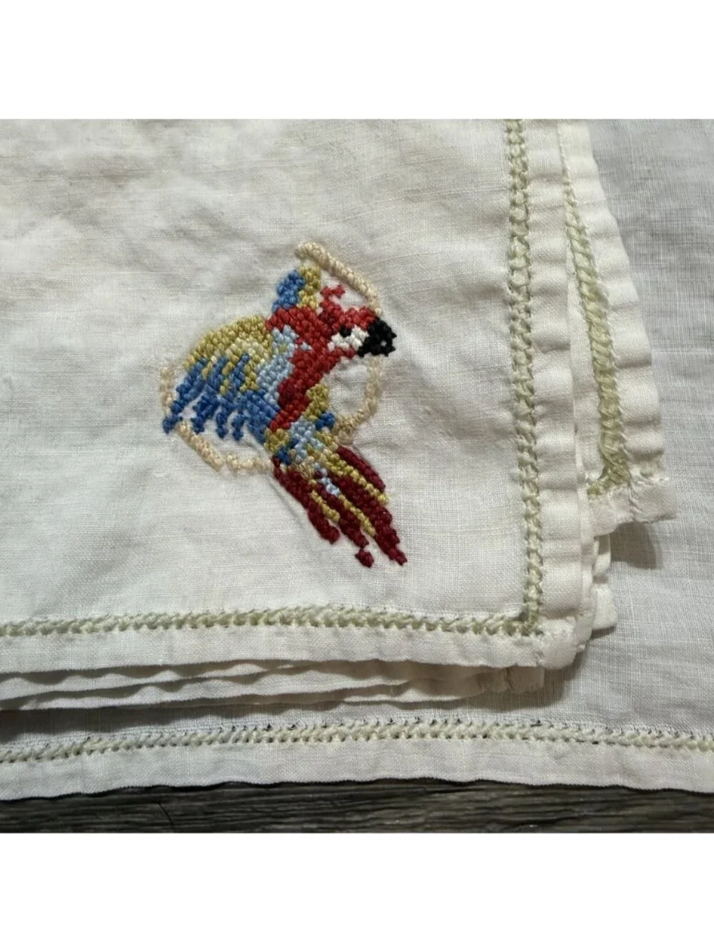 Vintage White Linen Tablecloth Napkins Hand Stitched Parrot Embroidery Tropical